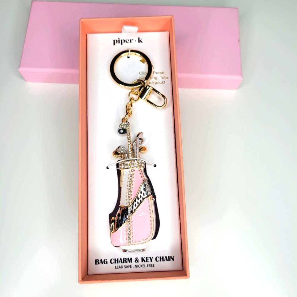 Piper K Pink & White Enamel w/Clear CZ Crystals 3D Golf Bag Charm & Key Chain